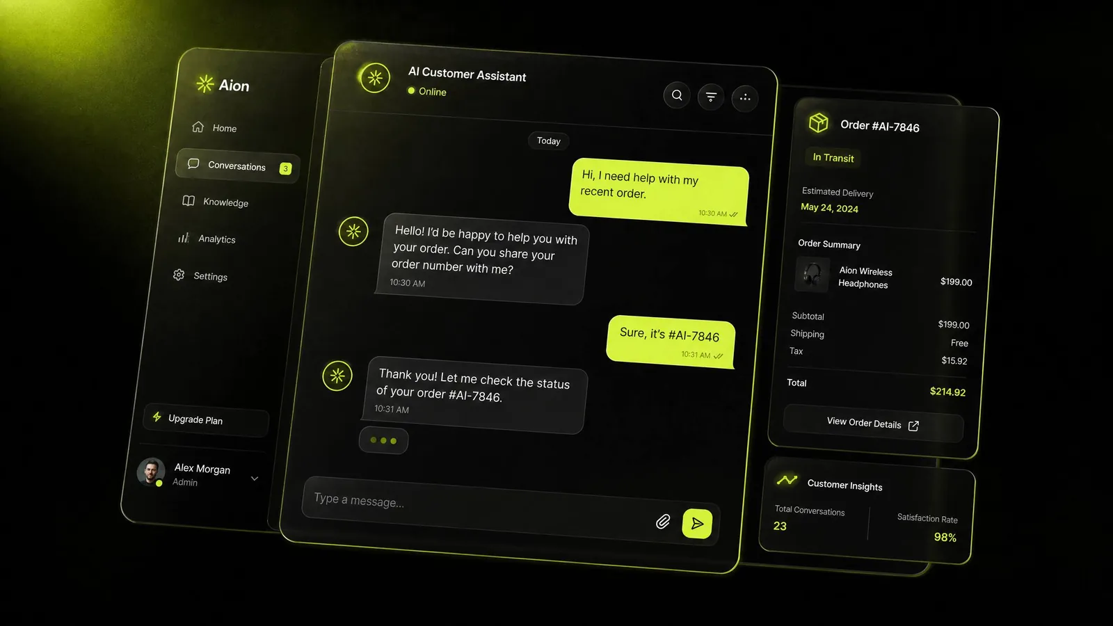 AI customer service chatbot dashboard with lime message bubbles