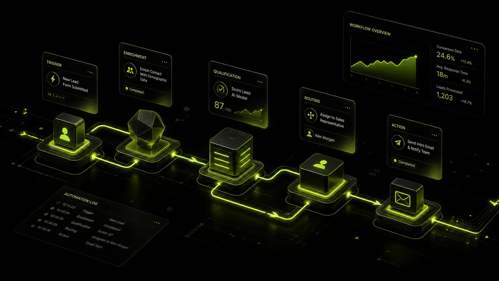 Isometric workflow automation pipeline with glowing lime connections