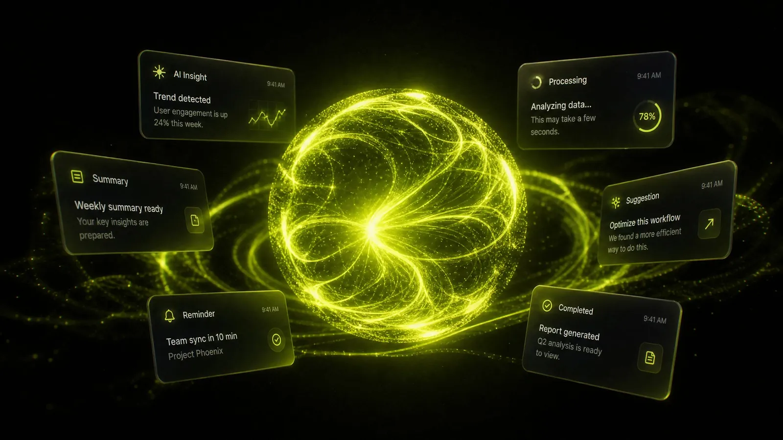 Glowing AI orb with floating notification cards