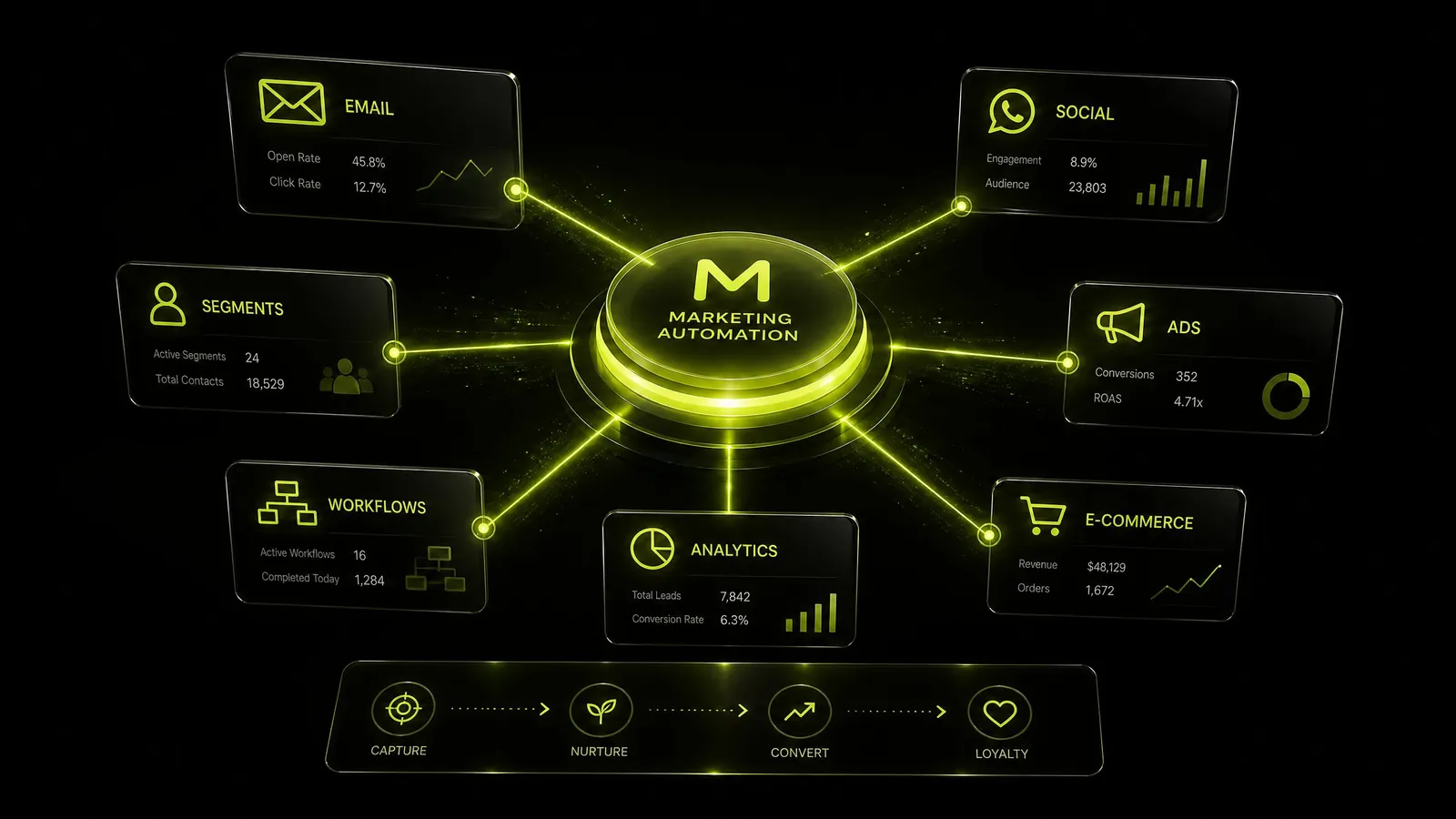 Marketing automation hub radiating lime beams to channel cards